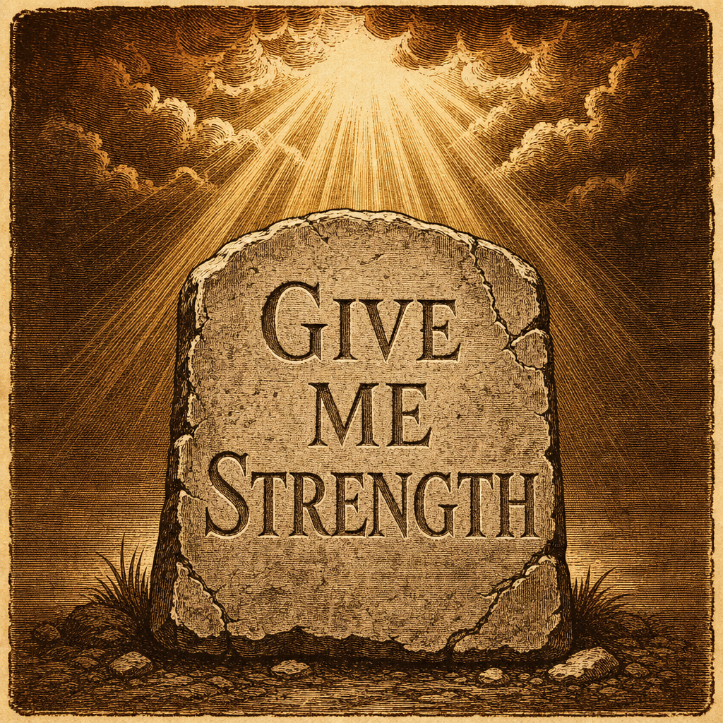Give Me Strength — a weathered stone tablet with rays of light