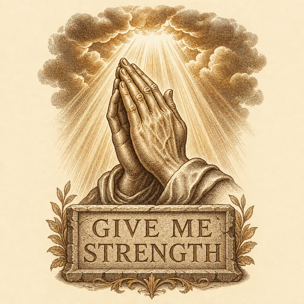 Give Me Strength — engraved illustration of praying hands with rays of light